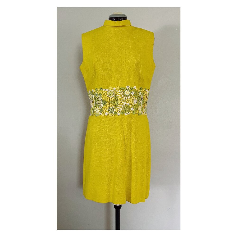 VTG Bleeker Street Sz S Yellow Belted Lace Mini Dress 60s Era Mod